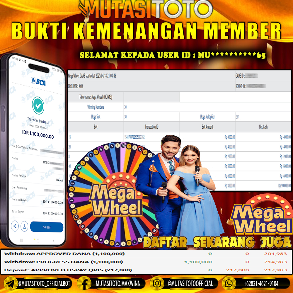 BUKTI KEMENANGAN MEMBER BERMAIN  DI LIVE CASINO-MEGAWHEEL