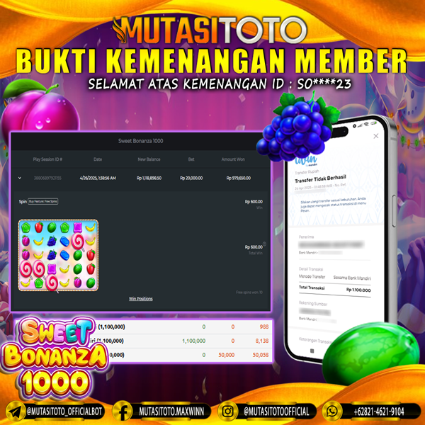 KEMENANGAN MEMBER BERMAIN DI SWEET BONANZA 1000