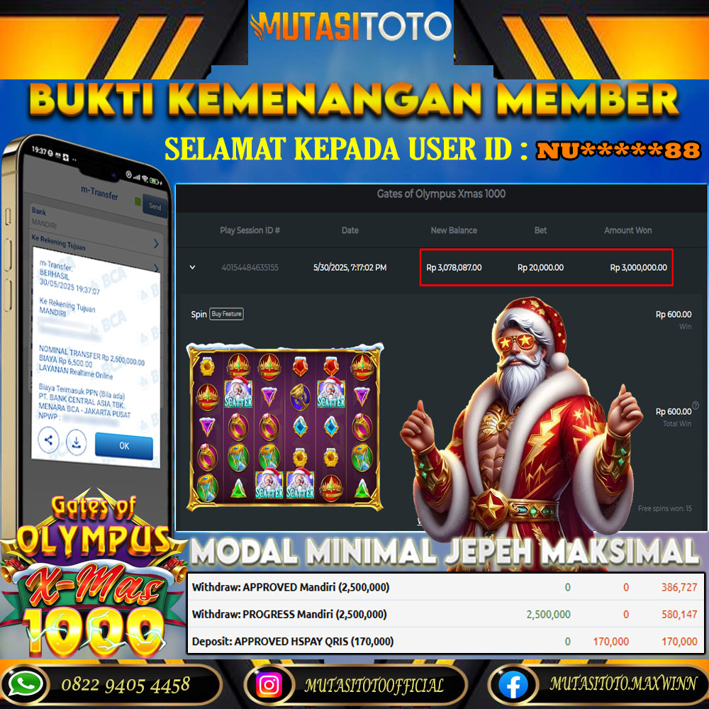 KEMENANGAN MEMBER BERMAIN DI GATES OF OLYMPUS XMAS 1000