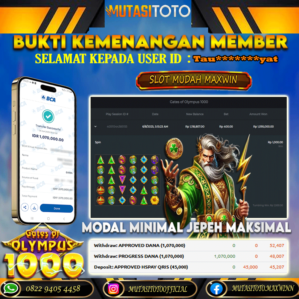 KEMENANGAN MEMBER BERMAIN DI GATES OF OLYMPUS 1000