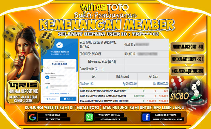 BUKTI KEMENANGAN MEMBER BERMAIN DI LIVE PRAGMATIC PLAY – CASINO MEGA SICBO