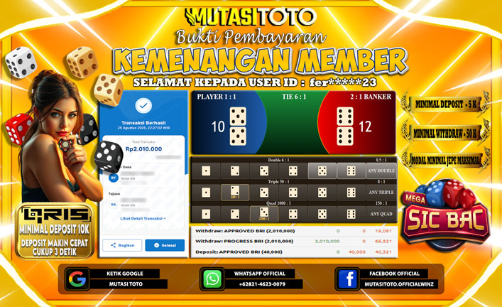 BUKTI KEMENANGAN MEMBER BERMAIN DI LIVE PRAGMATIC PLAY – CASINO MEGA SIC BAC