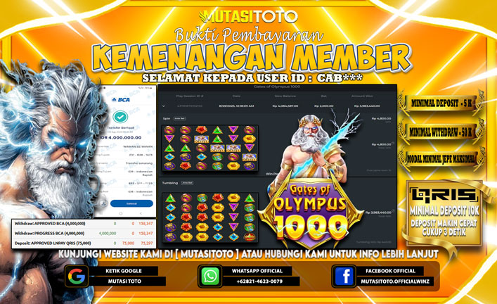KEMENANGAN MEMBER BERMAIN DI GATES OF OLYMPUS 1000