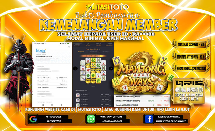 KEMENANGAN MEMBER BERMAIN DI PG SOFT MAHJONG WAYS 1