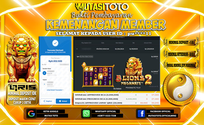 KEMENANGAN MEMBER BERMAIN DI 5 LIONS MEGAWAYS 2