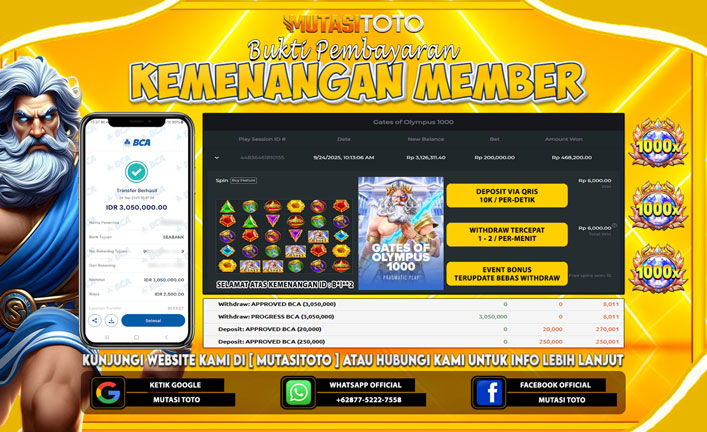 KEMENANGAN MEMBER BERMAIN DI GATES OF OLYMPUS 1000